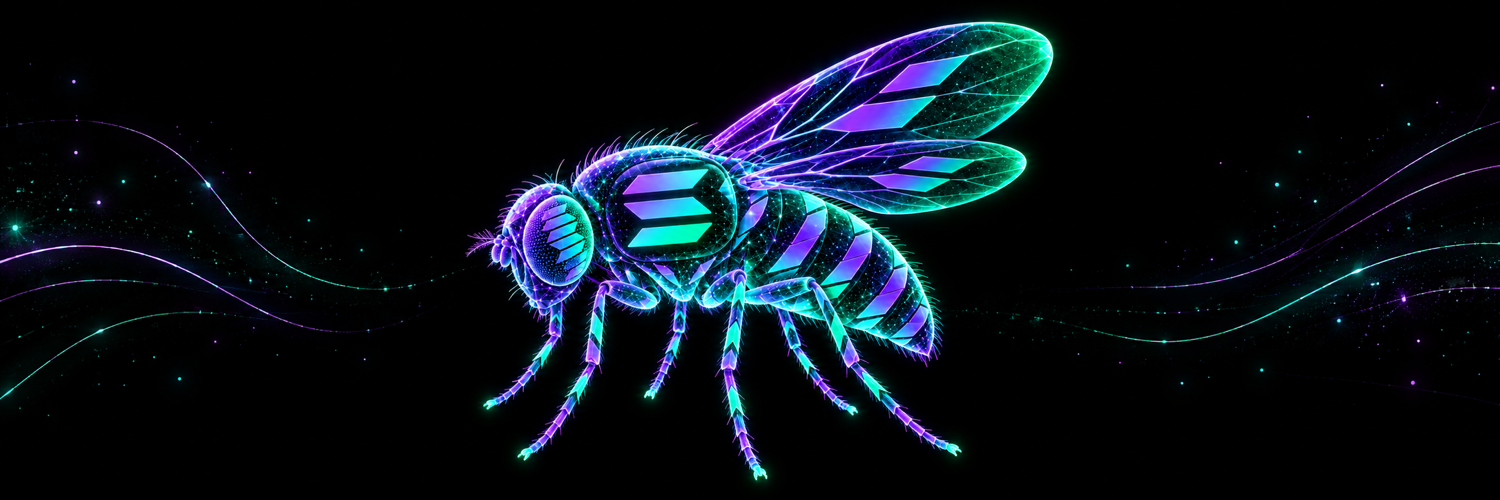 solfly surrounded by purple and mint light trails