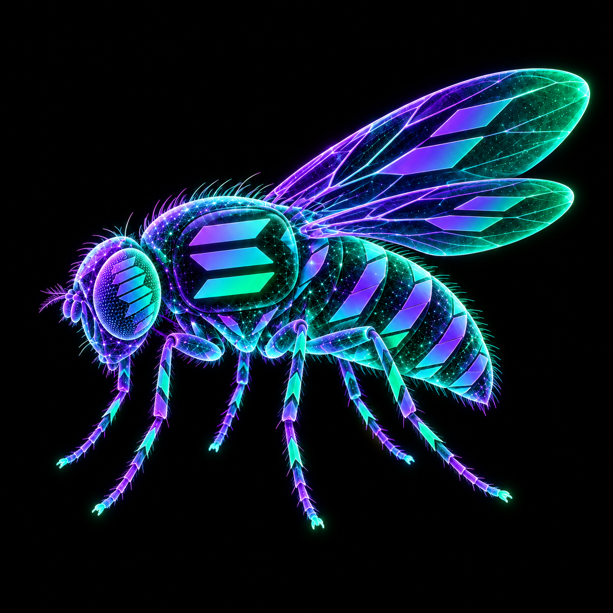 solfly, a translucent neon fly with purple and mint wings and the Solana symbol
